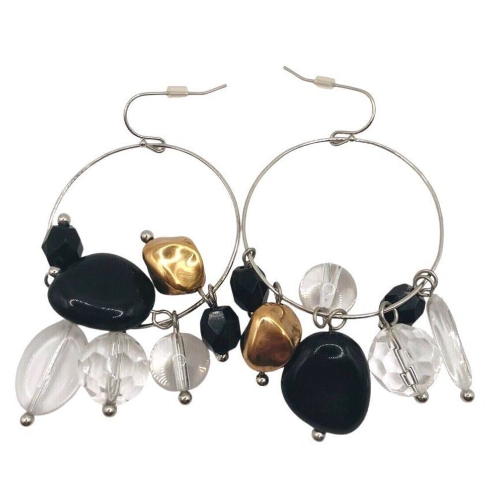 Black and Clear Beaded Cluster Dangle Earrings